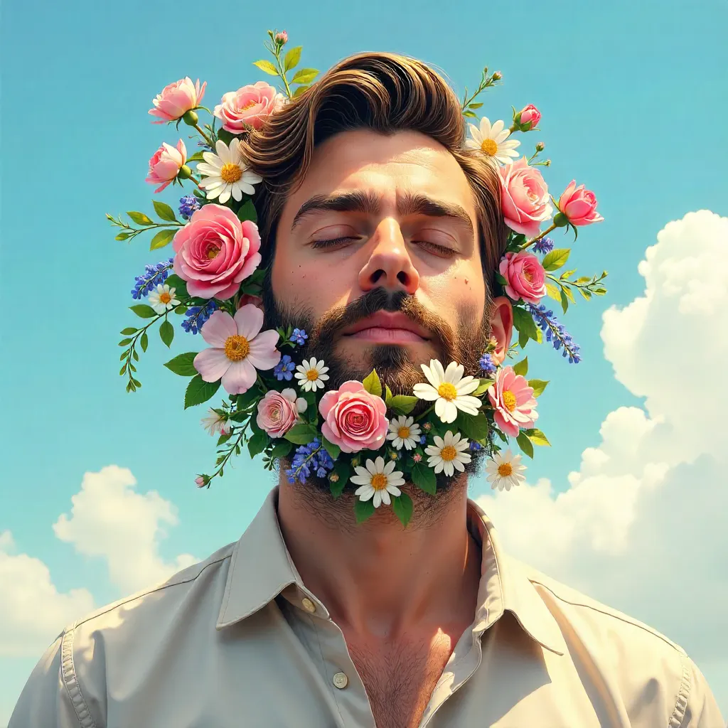 Whimsical Portrait: Flower-Beard under a Clear Sky