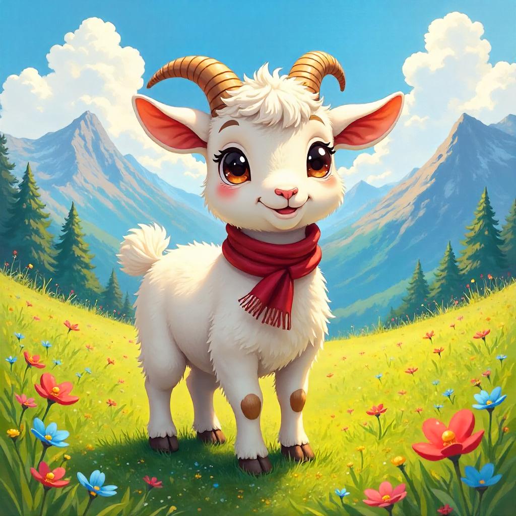 Painterly Anime Goat in a Sunlit Meadow