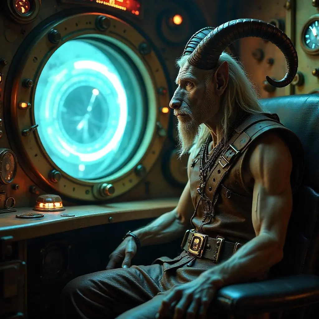 Photoreal Satyr Inside a Steampunk Time Machine