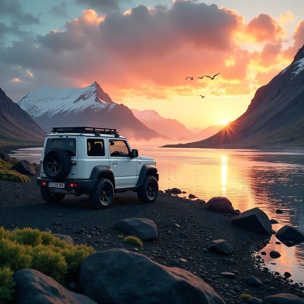 White Suzuki Jimny at Icelandic Sunset by the River