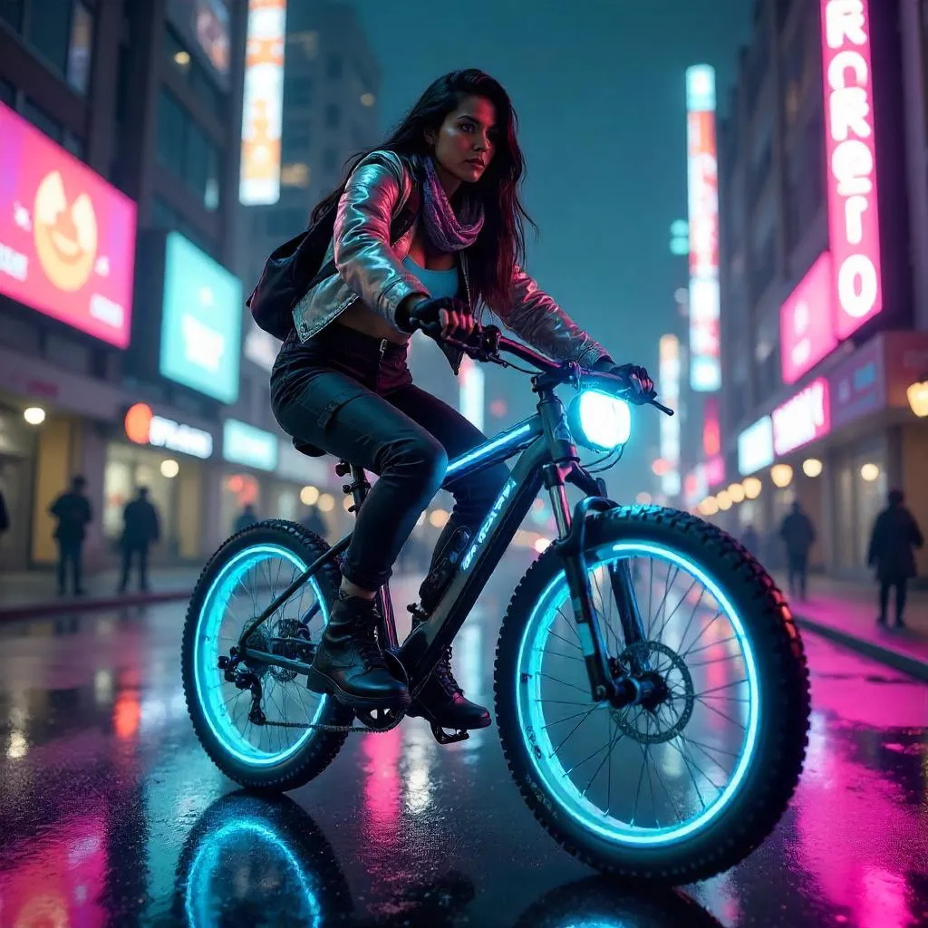 Neon Latina Cyclist in a Cyberpunk City