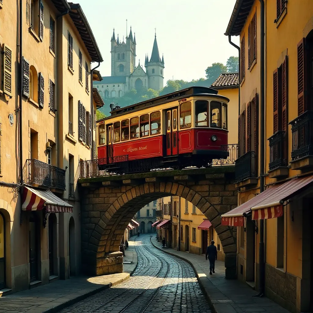 Historic Lyon Funicular over Old Town Cobblestones