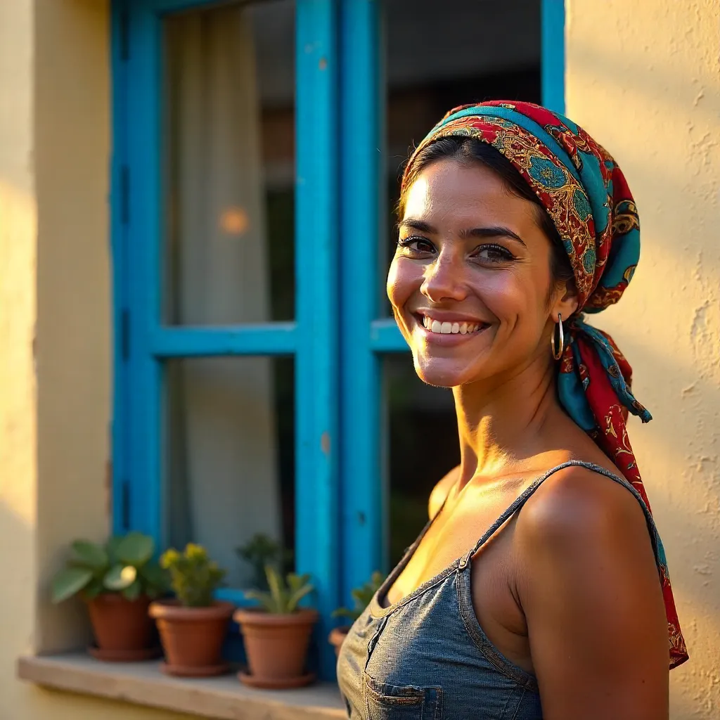 Cheerful Woman in a Headscarf by a Blue Window