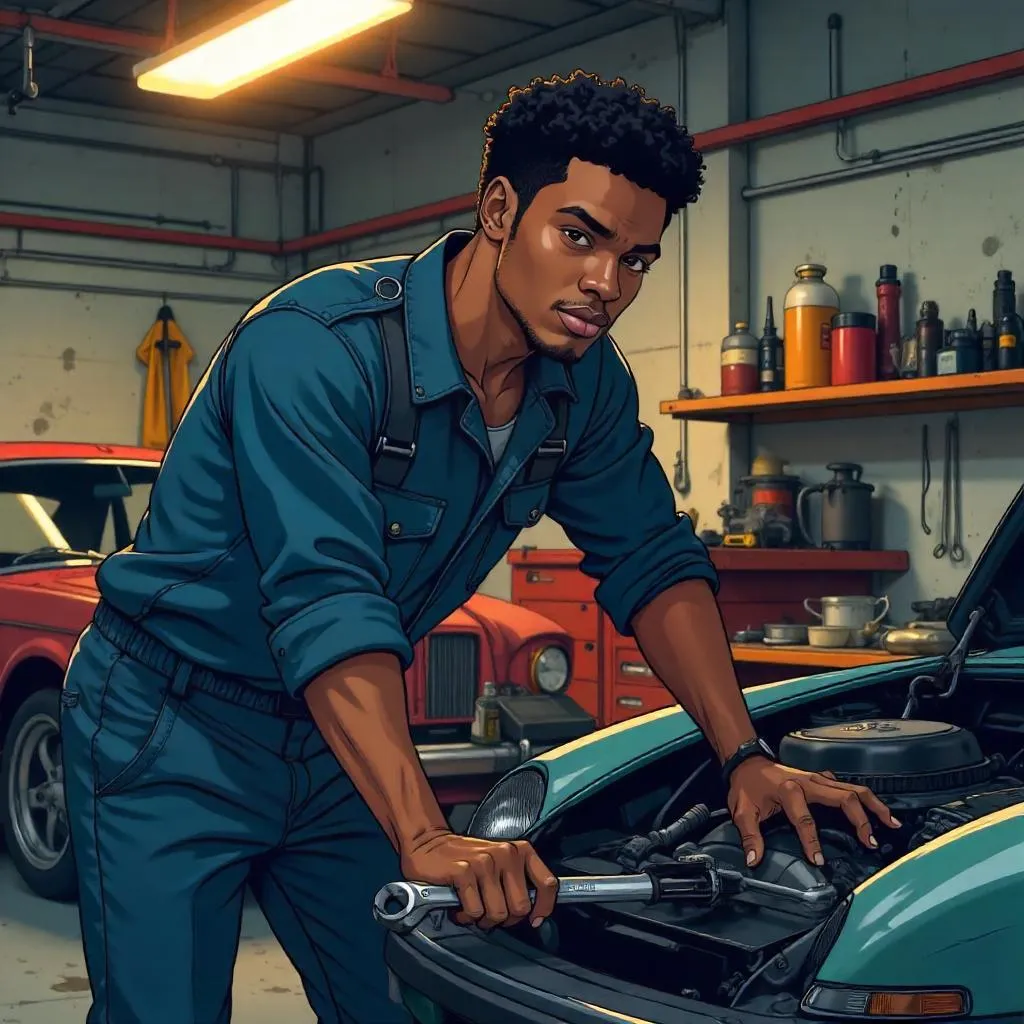 Anime-Style Young Black Man Working in a Garage