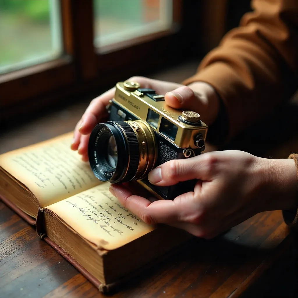 Nostalgic Close-Up: Hands with Camera and Book