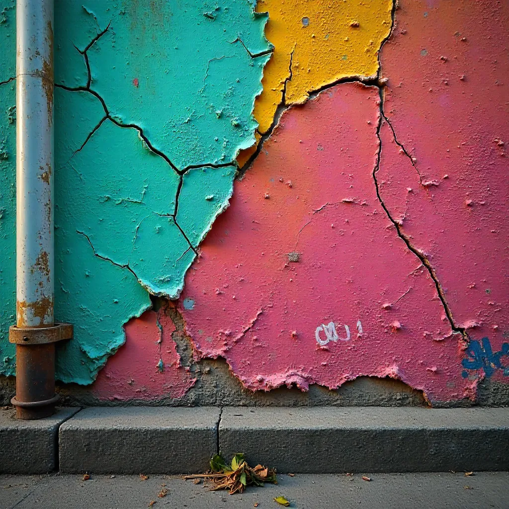 Vibrant Urban Wall: Cracked Paint and Peeling Layers