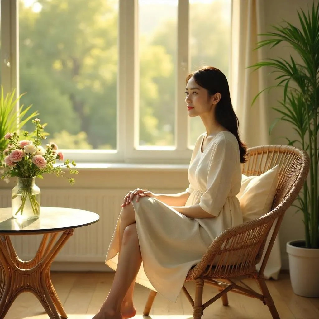 Sunlit Serenity: Asian Woman in a Sunroom