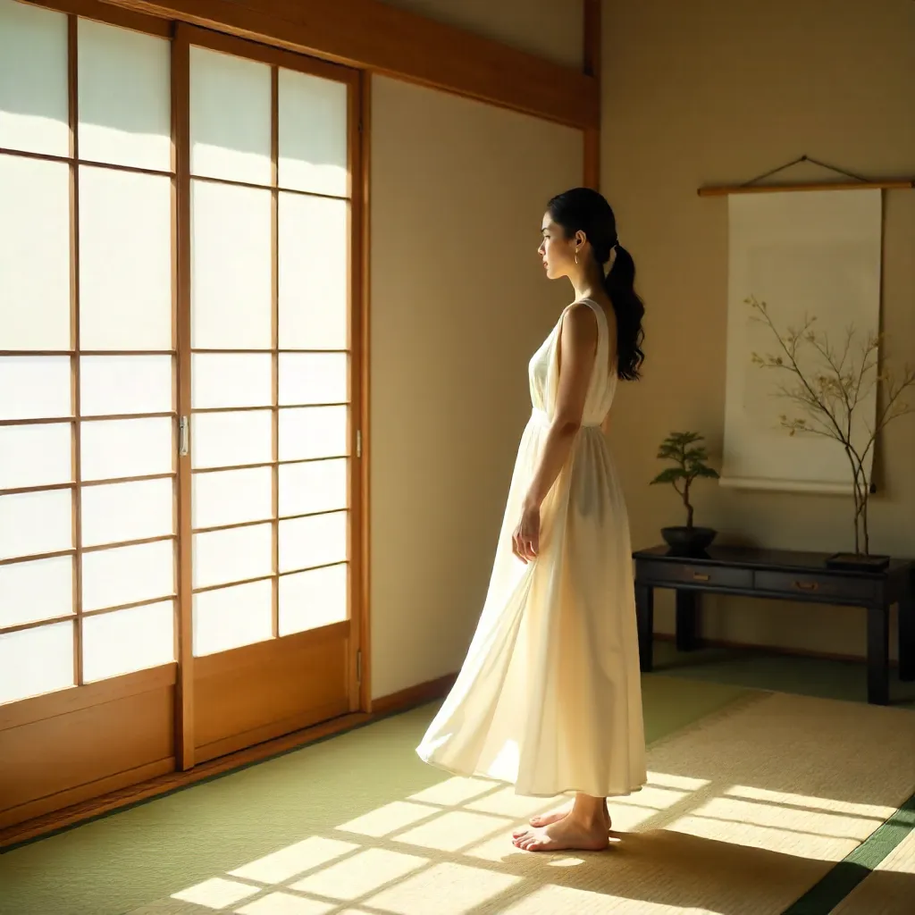 Serene White Dress in a Traditional Japanese Room