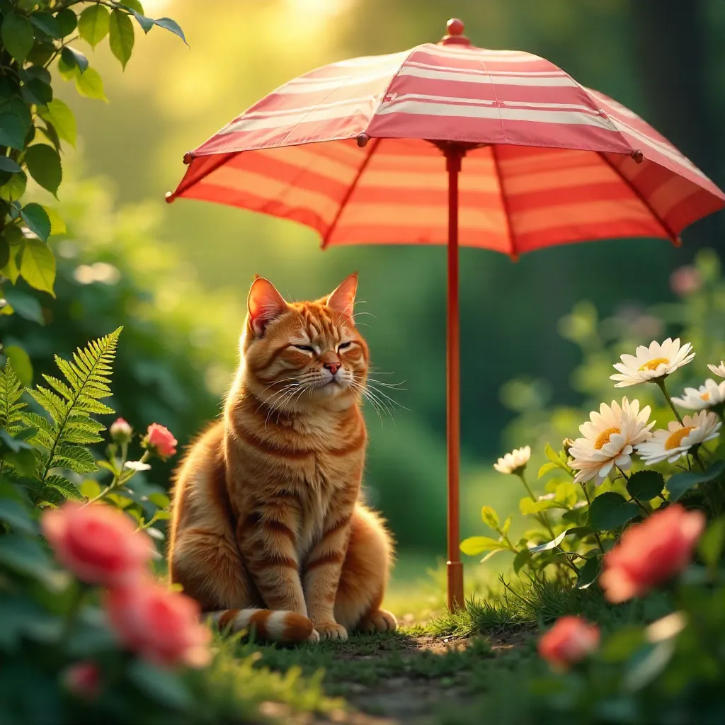Ginger Cat Resting Under a Garden Umbrella