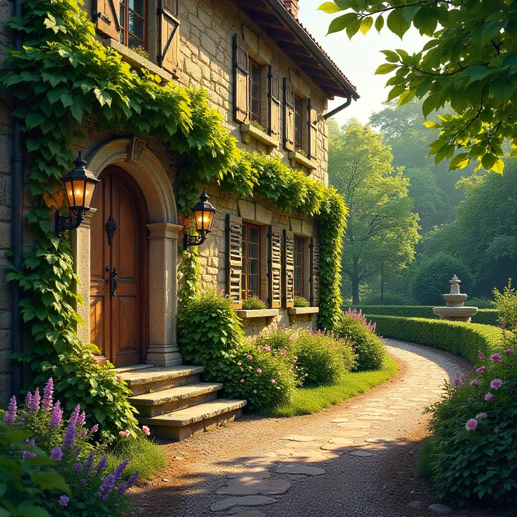 Charming Stone Mansion Facade with Garden Path