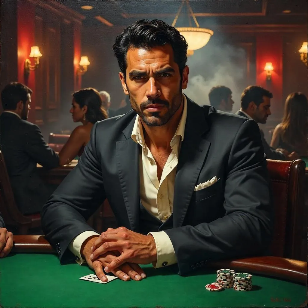 Stoic Latino Card Player in an Oil Poker Room
