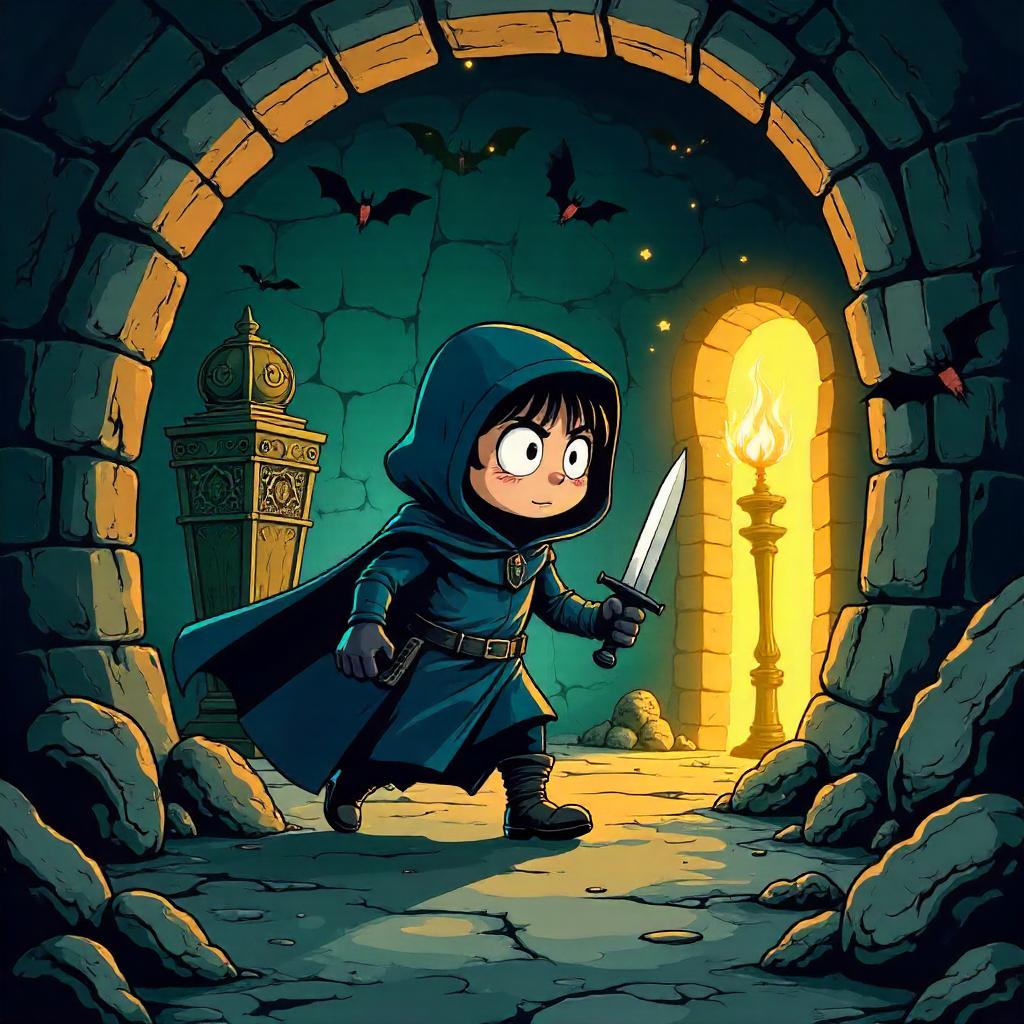 Cartoon Assassin in a Moonlit Crypt
