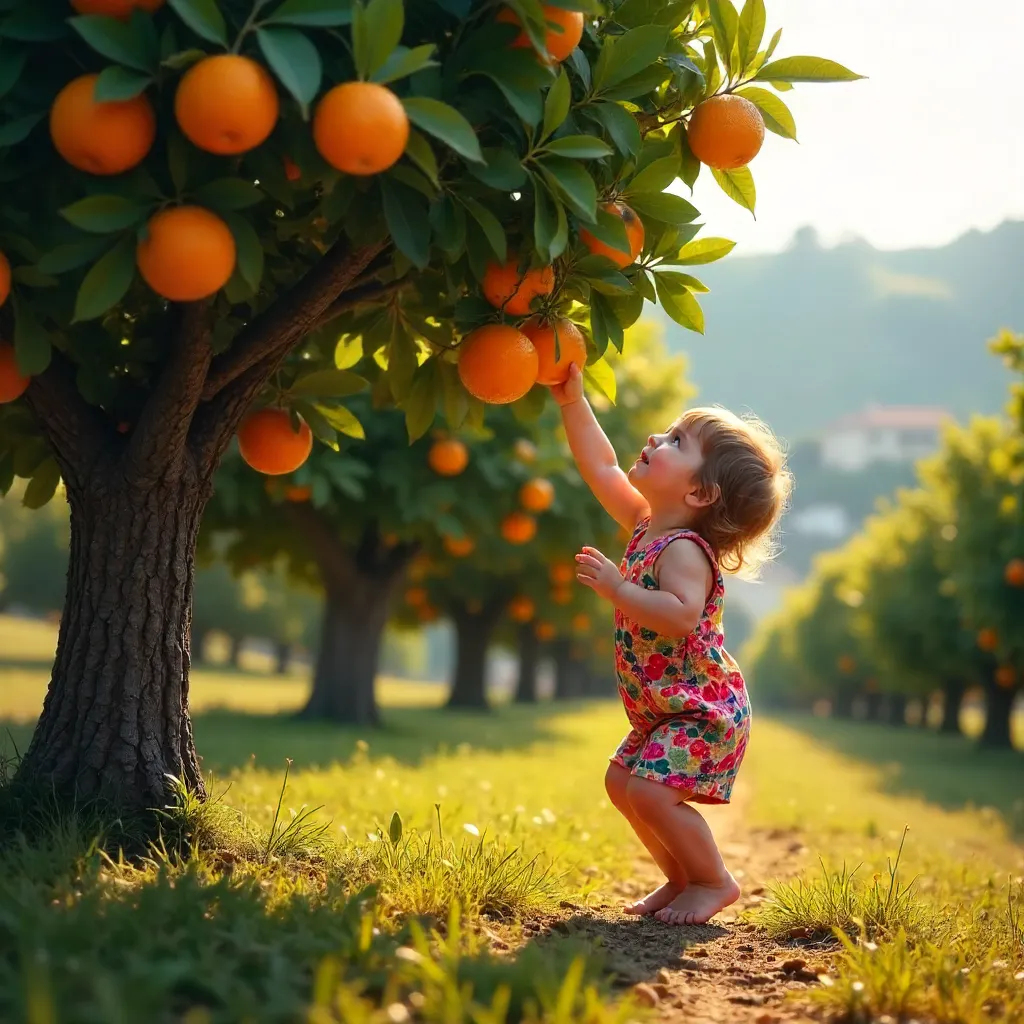 Tiptoeing Child Reaches for Oranges in Hatay