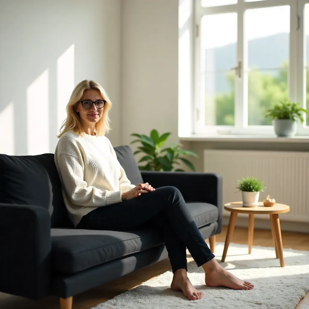 Relaxed Blonde Woman on a Black Sofa