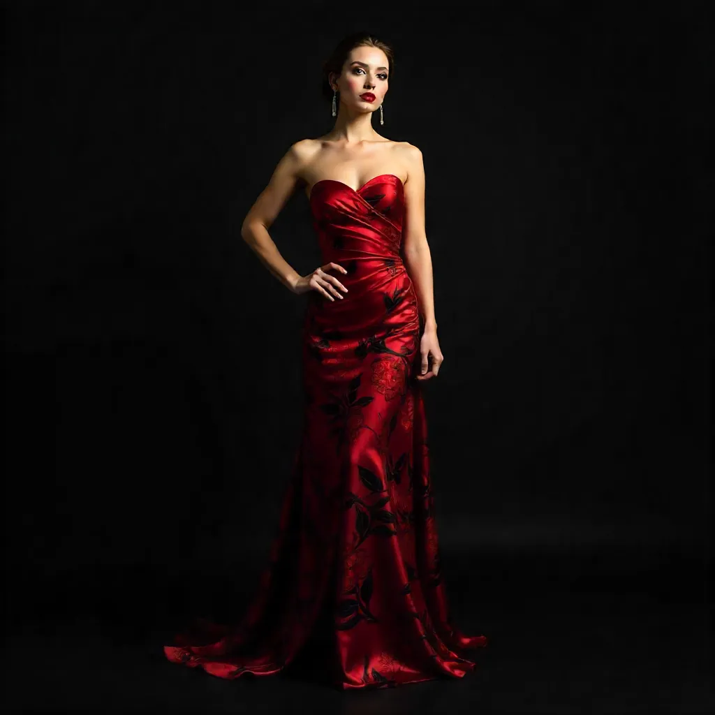 Dramatic Red Floral Dress Studio Pose