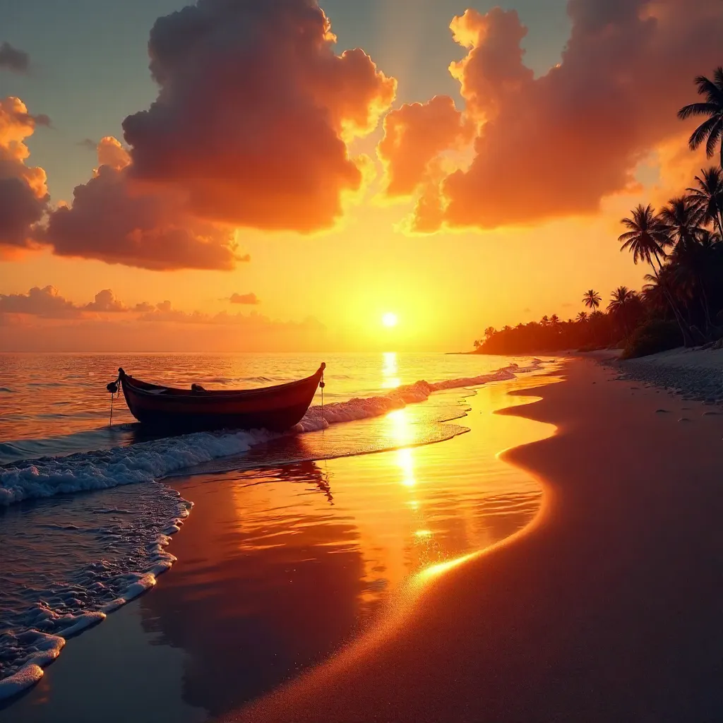 Silhouetted Boat at Orange Sunset on Peaceful Beach