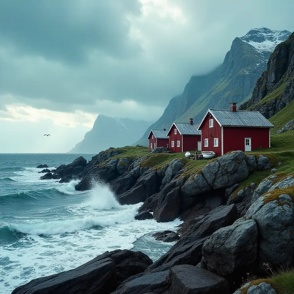 Dramatic Nordland Red Huts Under Moody Skies