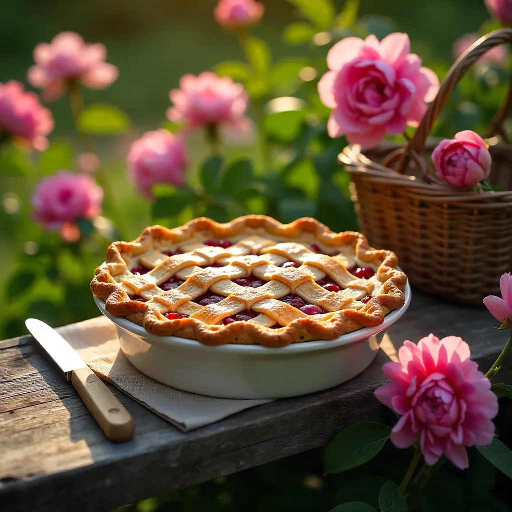 Rustic Summer Pie on a Pink-Flower Bench