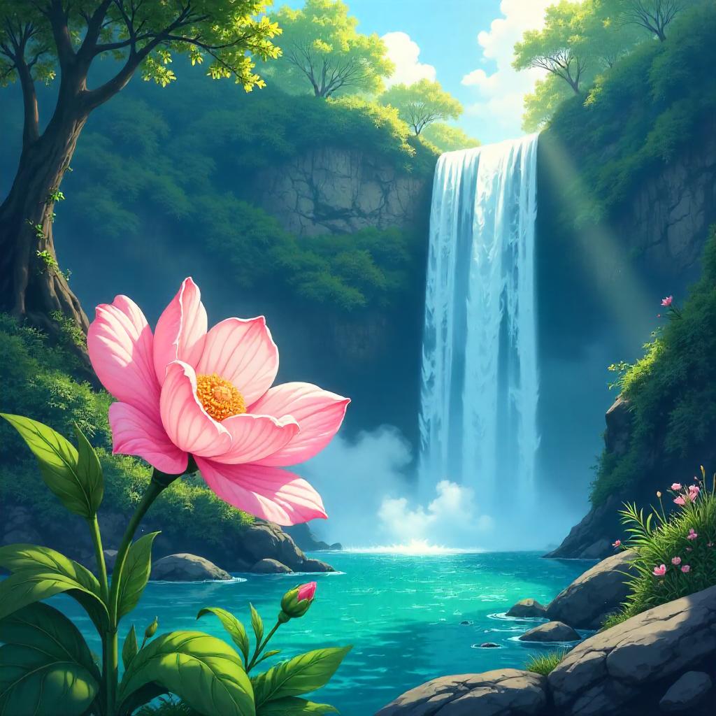 Blossom by the Waterfall: Anime Scene