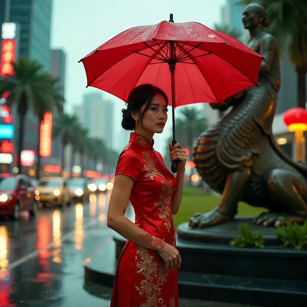 Red Umbrella in Jakarta: Qipao Meets Statue