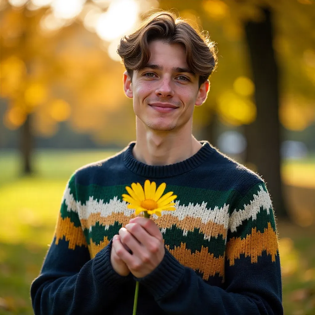 Patterned Sweater Portrait with Yellow Flower Outdoors