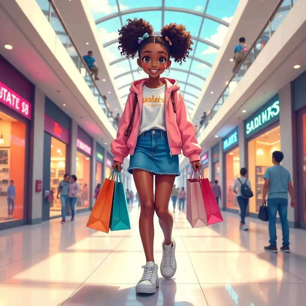 Cheerful Black Girl in an Anime Shopping Mall