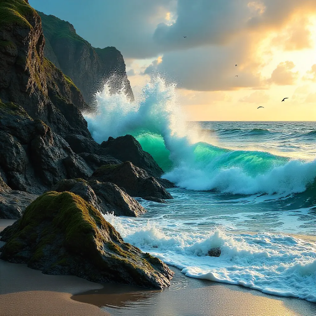 Vibrant Seaside Waves on Mossy Rocks