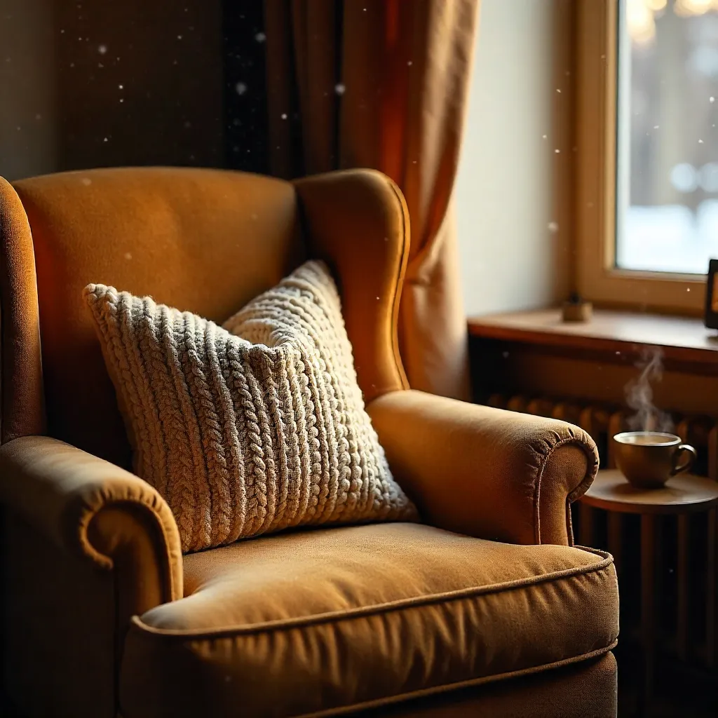 Warm Cozy Corner with Coffee, Pillow, and Lamp