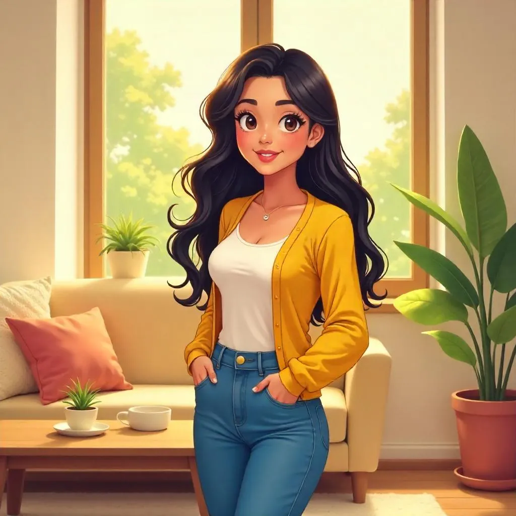 Cheerful Latina Woman in a Sunny Anime Living Room