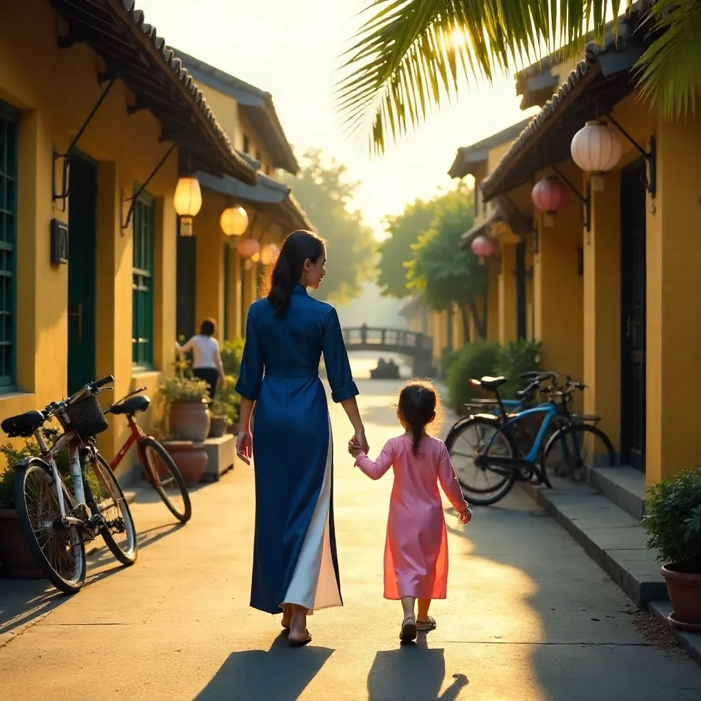 Sunlit Ao Dai: Woman and Child in Hoi An Ancient Town