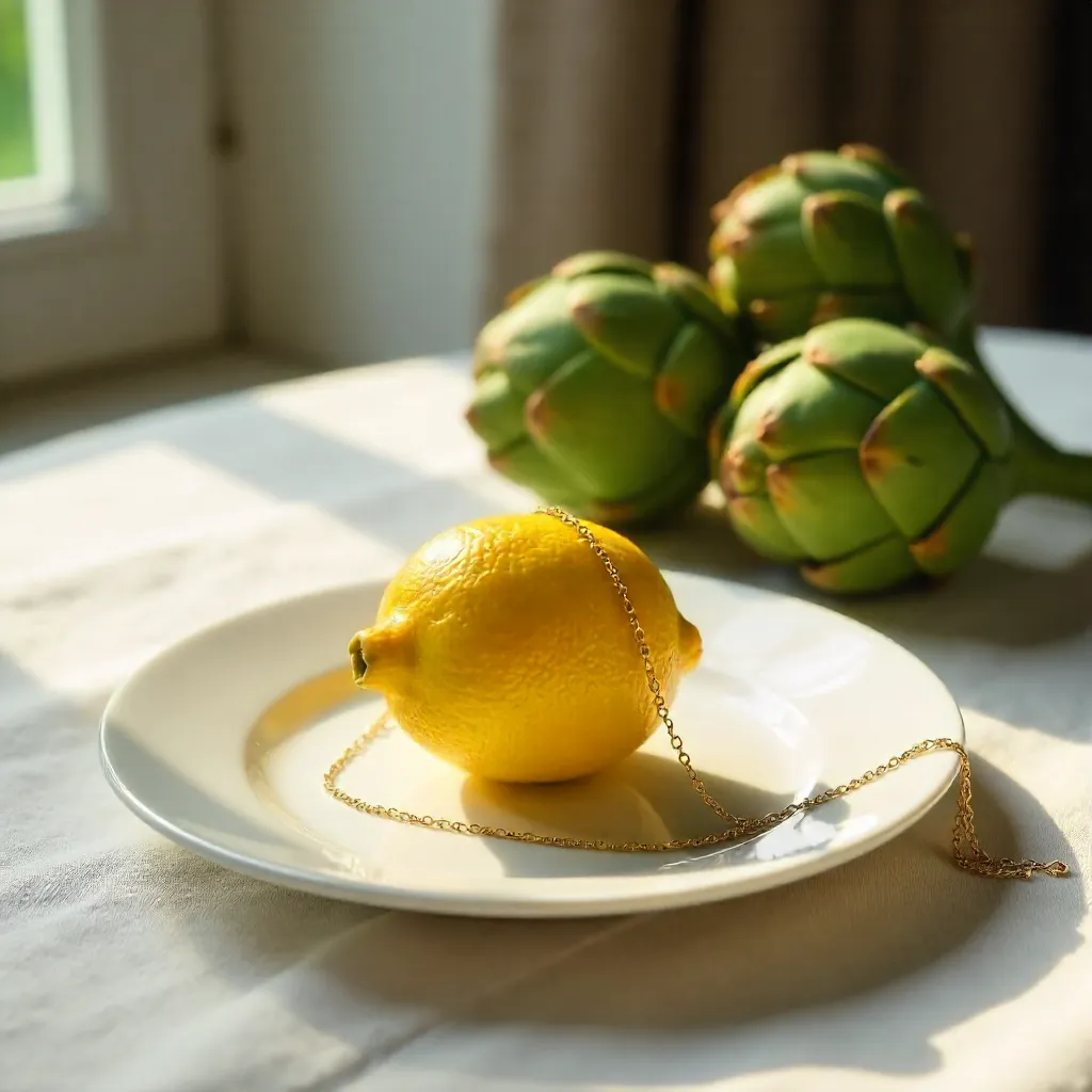 Lemon with Gold Necklace on Plate - Elegant Still Life
