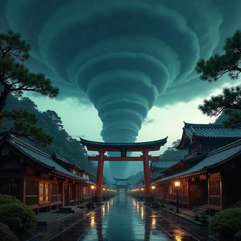Tornado Over a Sacred Shrine: Photorealistic Storm