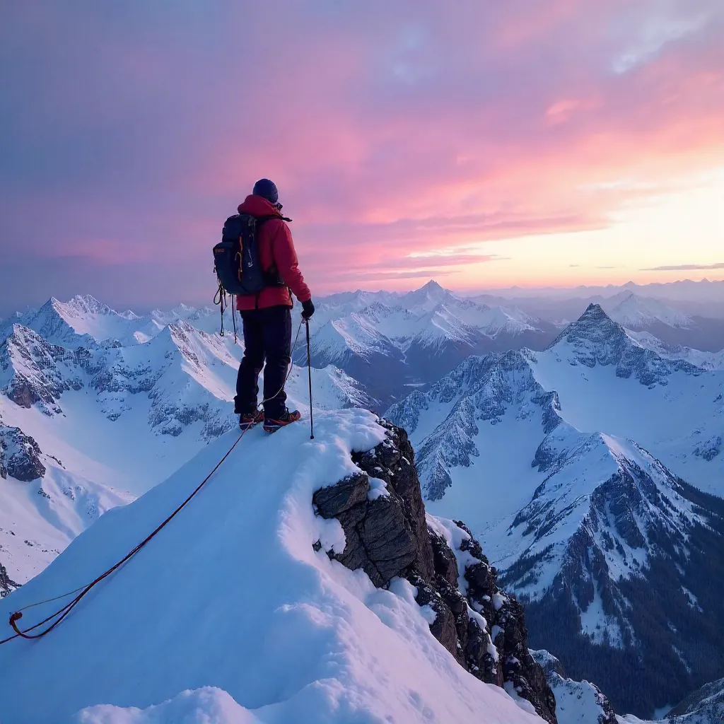 Lone Mountaineer Under a Violet Sunset Peak