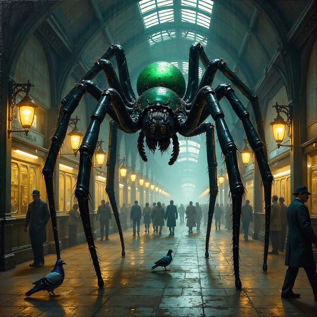 Giant Spider in an Oil-painted Train Station