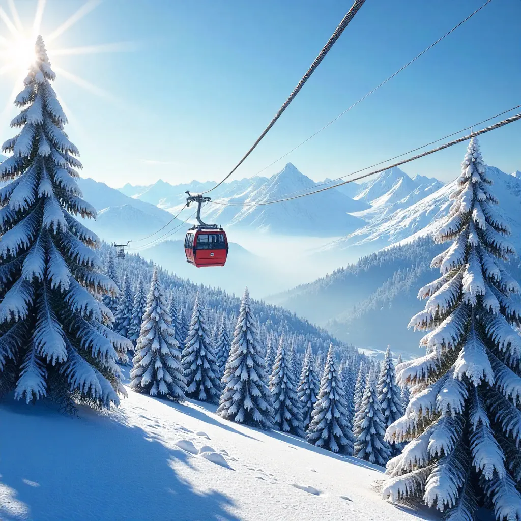 Snowy Pines and a Cable Car under a Blue Winter Sky