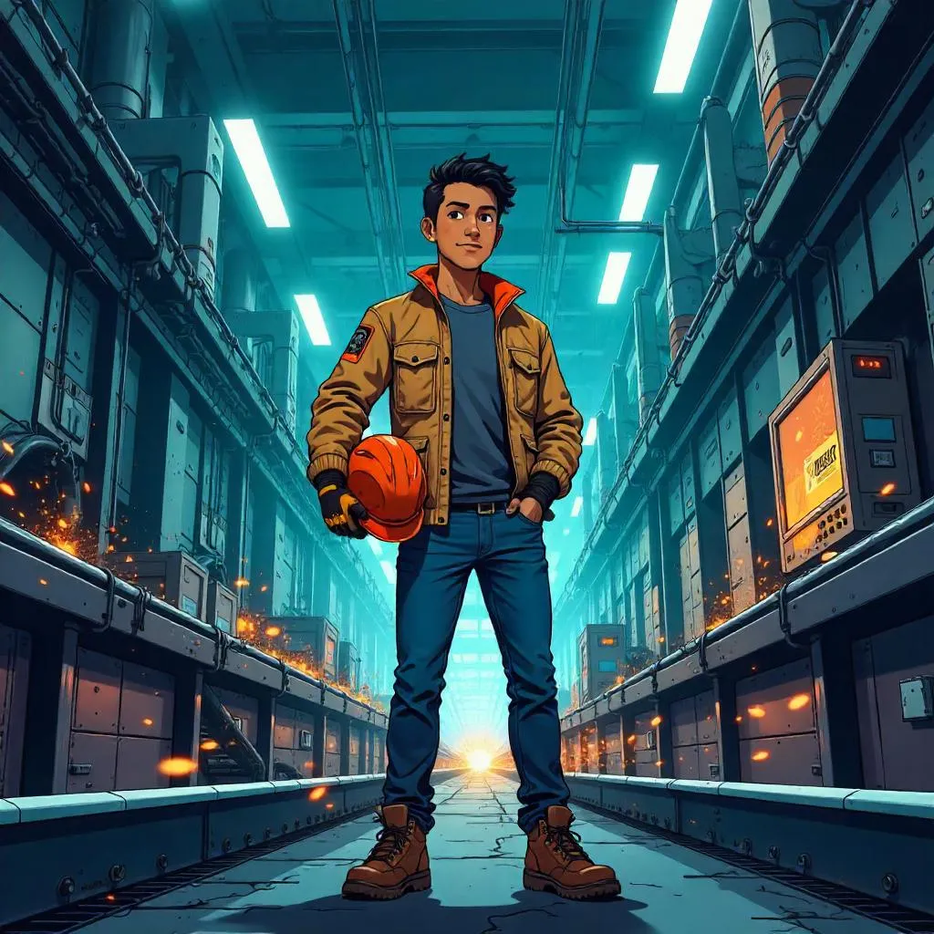 Latino Protagonist in a Neon Factory (Anime Style)