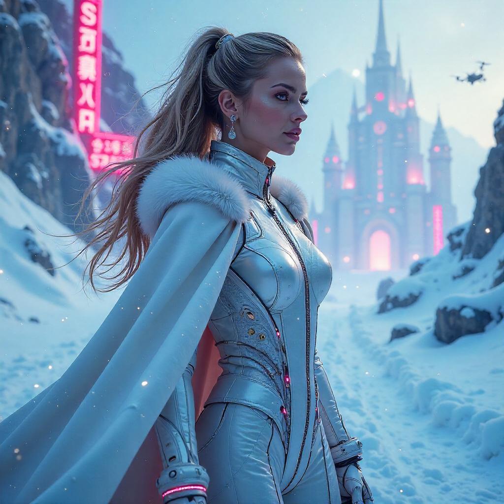 Snowbound Cyberpunk Princess in Neon Frost