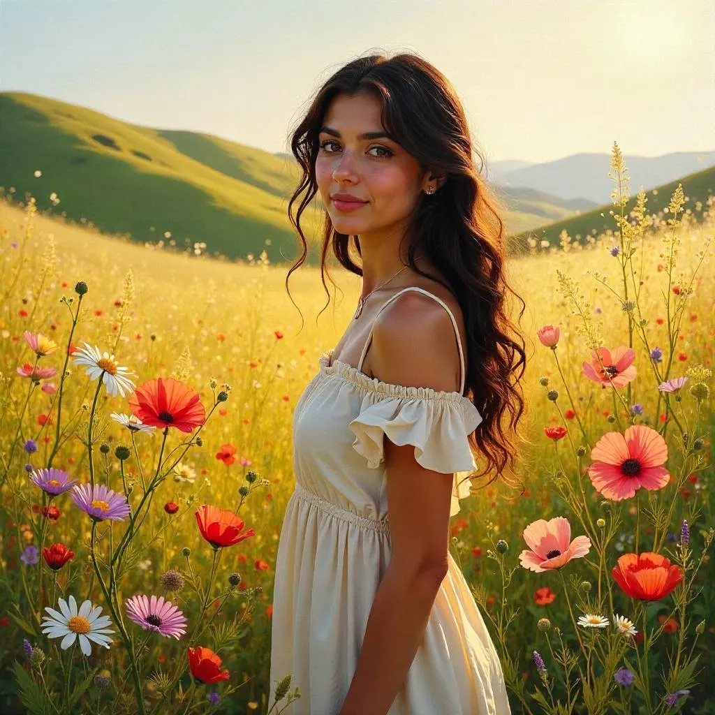 Sunlit Fields: A Young Middle Eastern Woman in Bloom