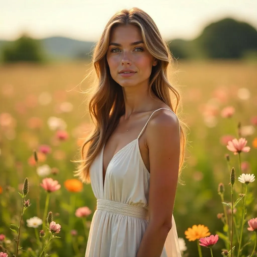 Elegant Fair-Skinned Woman in a Golden Flower Field