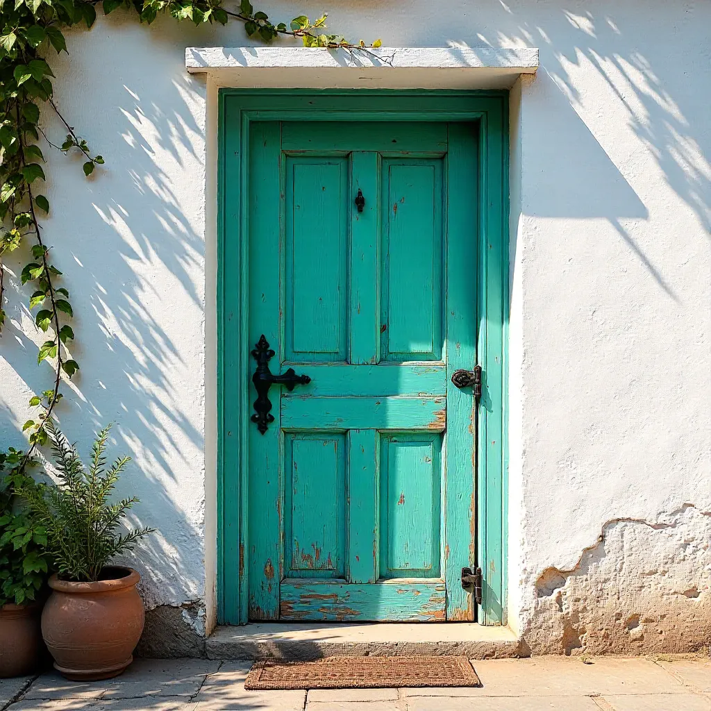 Turquoise Door in White Stucco Wall - Rustic Charm