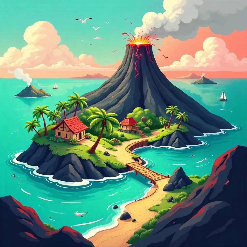 Cartoon Archipelago in a Volcanic Landscape