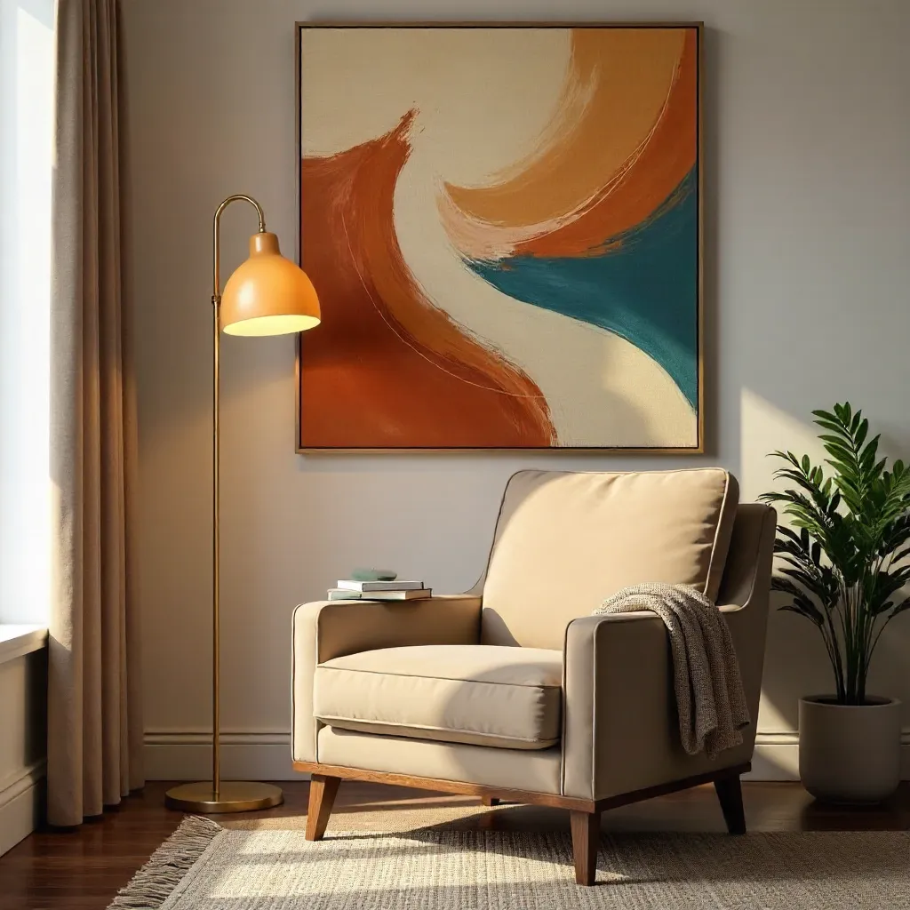 Warm Corner: Modern Armchair, Lamp, and Abstract Art