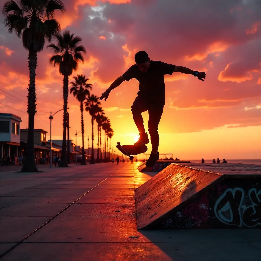 Silhouette Skateboarder at Sunset, Venice Beach