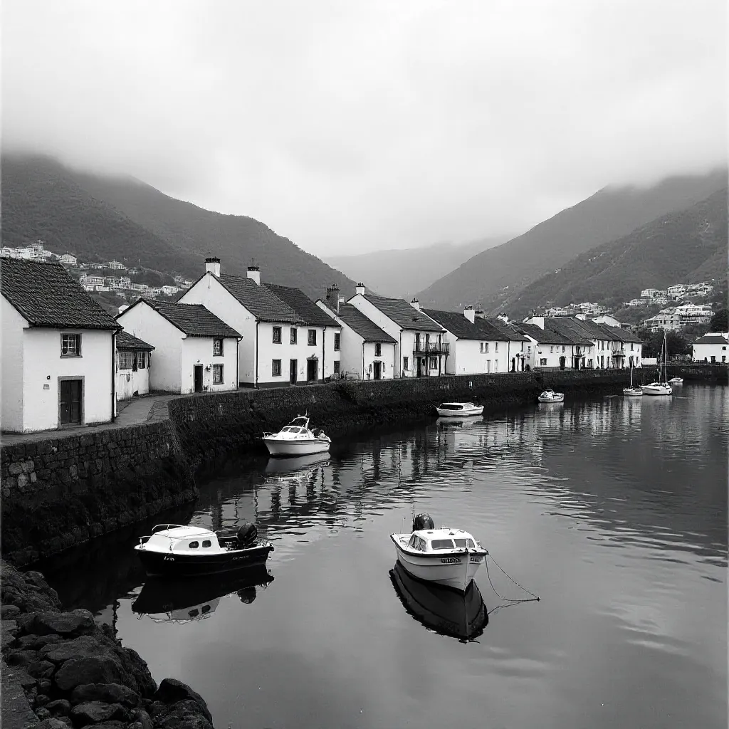 Serene Black-and-White Madeira Coastal Village