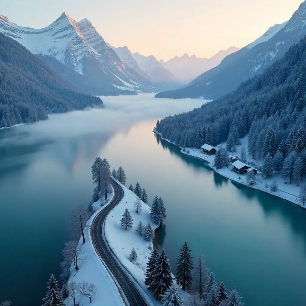 Aerial Bavarian Winter: Road Crossing Misty Lake