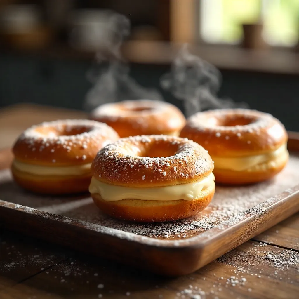 Fresh Artisan Doughnuts on a Tray with Vanilla & Chocolate Cream