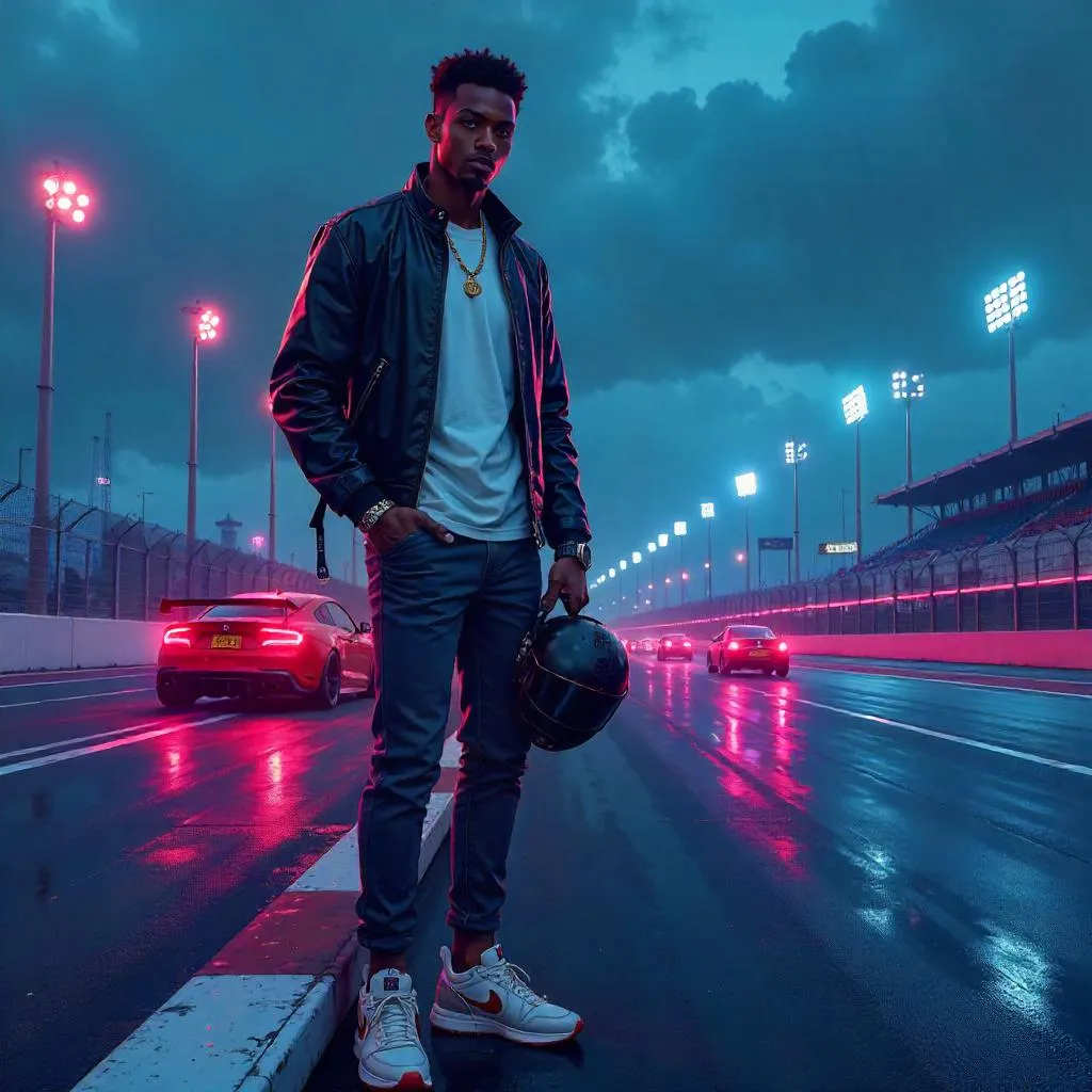 Stylish Black Man at the Anime Racing Track