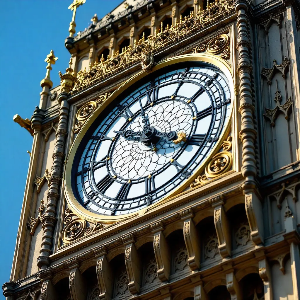 Close-Up of Big Ben Clock Face under Clear Blue Sky