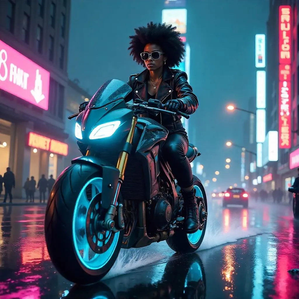 Neon Night Rider: Cyberpunk Motorcycle Queen