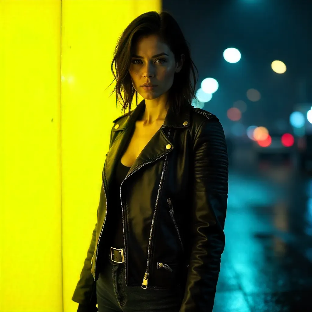 Mysterious Woman in Leather at Neon Night
